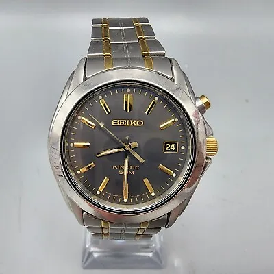 Seiko Kinetic Watch Men Two Tone Gray Dial Date 38mm Round 5M62-0AV0 Works • $84.99