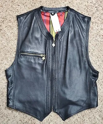 VTG VERSACE Istante Vest Black Motto French Sheep Leather Silk Medusa Italy S/M? • $399