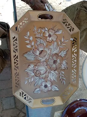 Serving Tray Pierced Metal Octagonal Brown Floral Hand Painted 18.5 X 13.5  Tole • $0.99