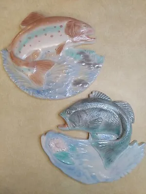 Vintage Set Of 2 Large Chalkware Figural Fish Wall Plaque MCM Bass Omegaw Art • $27.99