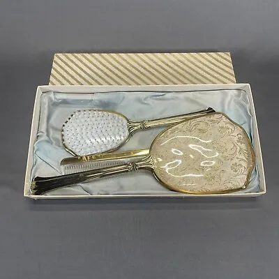 Vintage Ausco Hair Brush Vanity Set Floral Design Brush Mirror Comb Original Box • $34.99