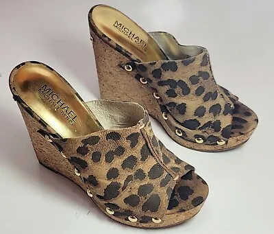 Michael Kors Belinda Mule Brown Leopard Suede Studded Cork Wedge Heels 4 1/2M • $41.36