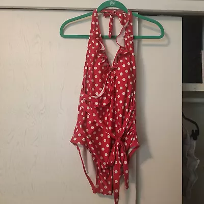 ModCloth M The Reese Red White Polka Dot Swimsuit One Piece Ruffle Halter • $20