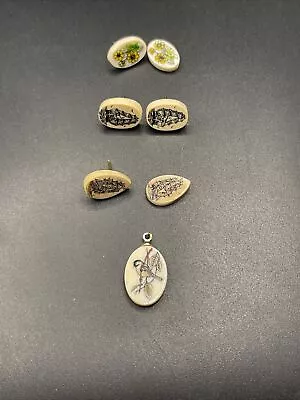 Earrings & Pendent VTG Scrimshaw Shipflowers Bird 070923@ • $20