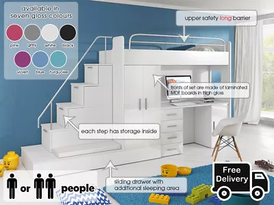 £789 • Buy Modern Cabin Loft Bed High Sleeper Boy Girl Bunk Bed Set Storage Kids Youth