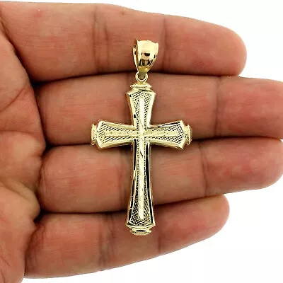 Mens Real 10K Yellow Gold Large Cross Pendant Diamond Cut Jesus Charm • $249.99