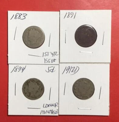 $1.29 • Buy 1883 1891 1894 & 1912D US LIBERTY  V  Nickels Set Of 4 Harder To Find!
