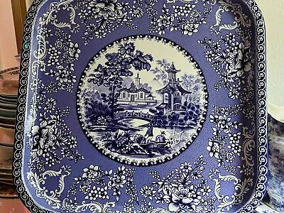 DAHER Decorated Ware TIN 13 X 13   Tray Blue Asian Pagoda Design England • $9.99