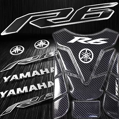 Real Carbon Fiber Tank Pad+8  3D Logo+2-Tone Black/Chrome YZF-R6/R6S Sticker Kit • $23.19