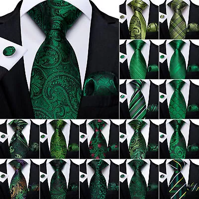 Mens Christmas Necktie Green Paisley Silk Jacquard Tie Hanky Cufflinks Set Gift • £7.49