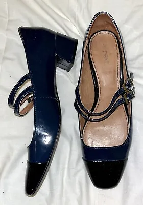 £10 • Buy NEXT BLACK & NAVY BLUE PATENT 60s STYLE COURT SHOES SIZE 6 - FREE POST