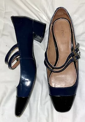 £10 • Buy NEXT BLACK & NAVY BLUE PATENT 60s STYLE COURT SHOES SIZE 6 - FREE POST