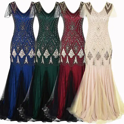 Deluxe Womens Dress 1920s Gatsby Flapper Long Sequin Retro Party Evening Cosplay • £22.79