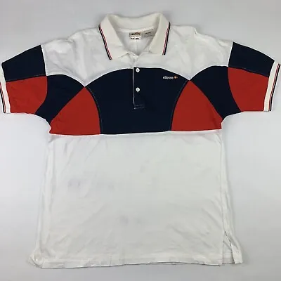 VTG 90s ELLESSE Mens Sz 5 Medium Polo Shirt Tennis White Blue Red Logo  • $34.88
