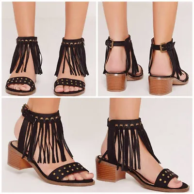 £6.99 • Buy Missguided Low Block Heel Tassel Sandal Shoes In Black Colour Many Sizes 
