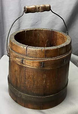 Antique Early Primitive Wood Firkin Sugar Bucket Bail Handle 6 1/4  Nice! • $99