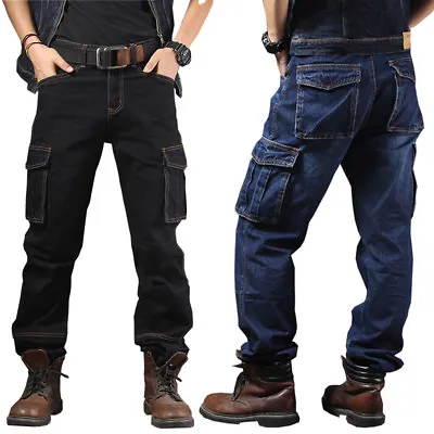 Mens Jeans Denim Pant Casual Cargo Combat Work Pants Tactical Trousers Pockets • $36.94