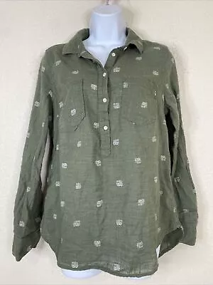 Merona Womens Size M Green Elephant Pocket Popover Blouse Long Sleeve • $7