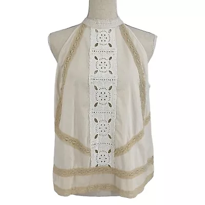 HM Blouse Womens Sleeveless High Neck Organic Cotton Lace Detail Button Back 8 M • $15