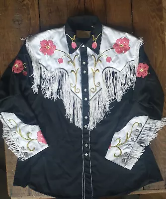 Vintage Scully Western Shirt Embroidered Pearl Snap Black  Size S Cowboy • $65.17