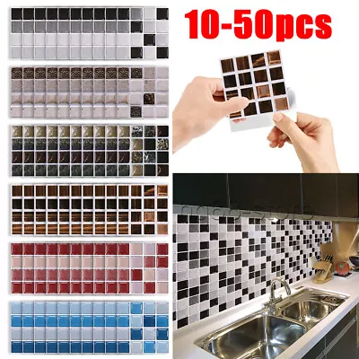 50pcs Mosaic Tile Stickers Stick Bathroom Kitchen Home Wall Decal Self-adhesive • £3.31