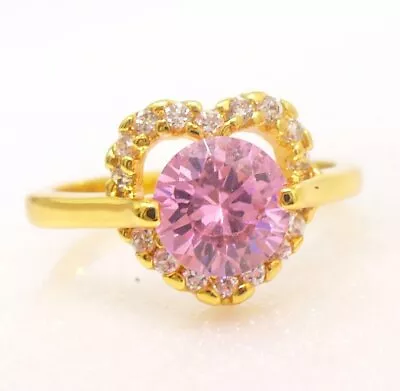 Women 24K Yellow Gold Plated Pink Cubic Zirconia Wedding Heart Love Ring UK 6 L • £18.08