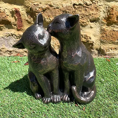 Black Preening Cats Garden Ornament Resin Sitting Kitten Couple Pair Sculpture • £28