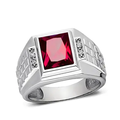 0.08ct Natural Diamond In Solid 14K White Gold With Red Ruby Mens Gold Ring • $929