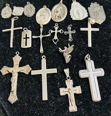 Vtg Lot 18 STERLING SILVER RELIGIOUS MEDALS CROSSES 70g! ALL NICE • $105