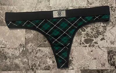 Nwt Victoria's Secret Green Plaid Rhinestone Shine Thick Waistband Thong Panties • £21.71