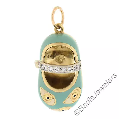 Aaron Basha 18k Yellow Gold Diamond Blue Enamel Evil Eye Baby Shoe Charm Pendant • $1358.40