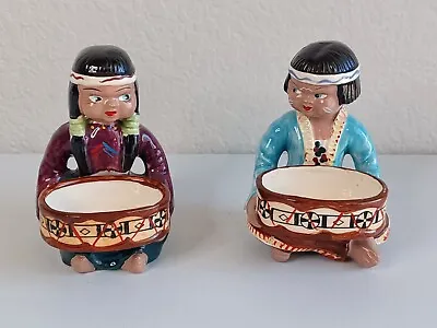 SHAFFORD Native American Indian Boy Girl Ceramic Figurine Trinket Dish Set Of 2 • $20.25