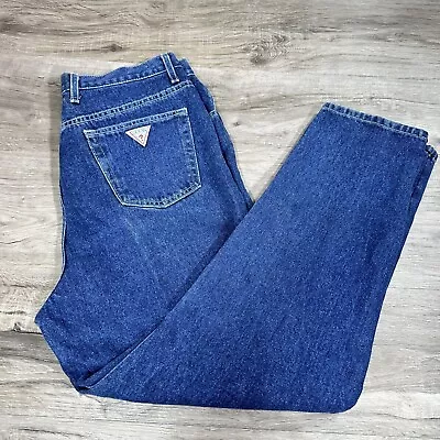 Vintage GUESS JEANS Made In USA 34 High Rise Triangle Logo 1050 SH Dark Wash • $37.99