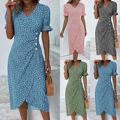 $19.66 • Buy Women Floral Short Sleeve Midi Dress Ladies Summer Casual Holiday V Neck Dresses
