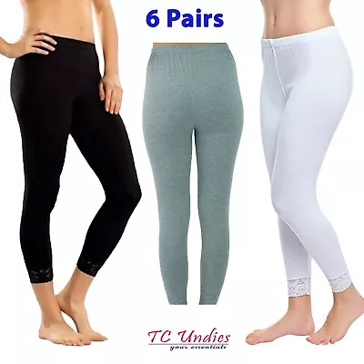 Pack Of 2 - 6 Women Cotton Leggings Lace Edge Full Length • £27.50