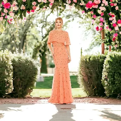 MAC DUGGAL 93653 Dress Plus Gown Formal Cape Flower Embellished Coral Peach 14 • $499