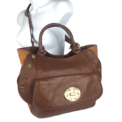 $24.97 • Buy Emma Fox Satchel Hobo Crossbody Bag Brown Leather Tan Suede Studded Turn Lock