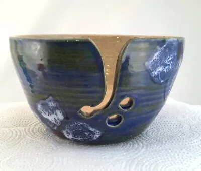 $48 • Buy Wheel Thrown Pottery Yarn Bowl Cobalt Blue Green Red Hand Painted Flowers OOAK
