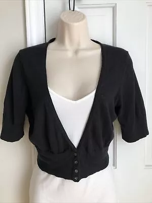 Gap Shrug Size L Black Knit Short Sleeve Bolero Style Button Front Pleated • $14.50