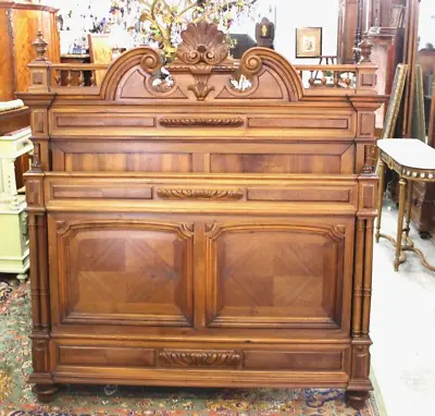 French Antique Carved Walnut Henry II Queen Size Bed • $3200