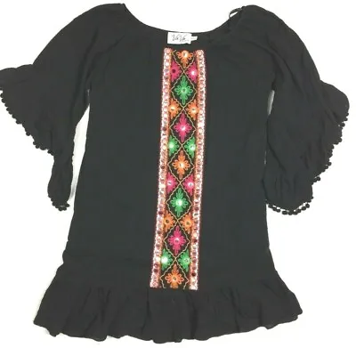 VaVa Joy Hahn XS Black Boho Mini Dress Mirrored Accents Bell Sleeves Poms Short • $13