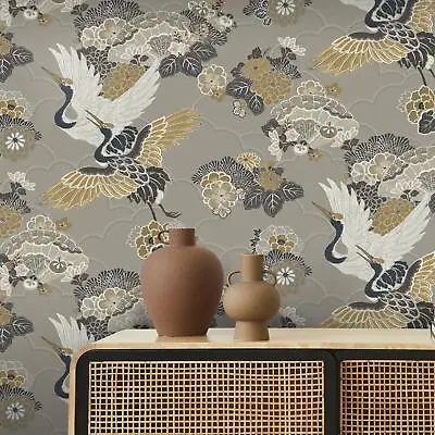 £12.90 • Buy Akari Kyoto Cranes Rasch Wallpaper Natural 282787 Japanese Birds Floral Textured