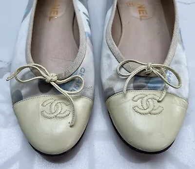 Rare Chanel Satin & Cream Leather Ballet Ballerina Flat Shoes 40.5 (size 6.5/7) • £265