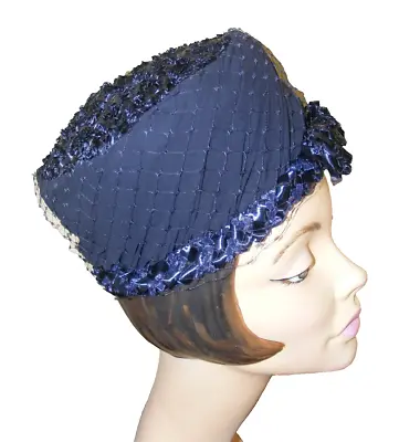 Vintage 60s Hat Navy Cellophane Straw Netting Tall Cloche 22  Vintage Millinery • $14.99