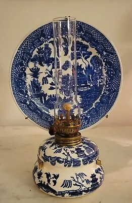 Vintage Blue Willow Oil Lamp W/ Reflector Plate Made In Japan  • $44.99