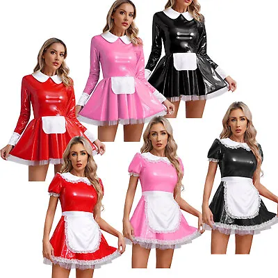 Womens PVC Leather French Maid Cosplay Costume Mini Dress Halloween Fancy Dress • $21.57