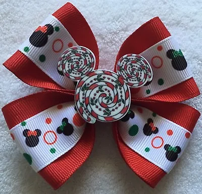 Girls Hair Bow 4  Wide Mickey Peppermint Swirl Christmas Flatback Alligator Clip • $6.99