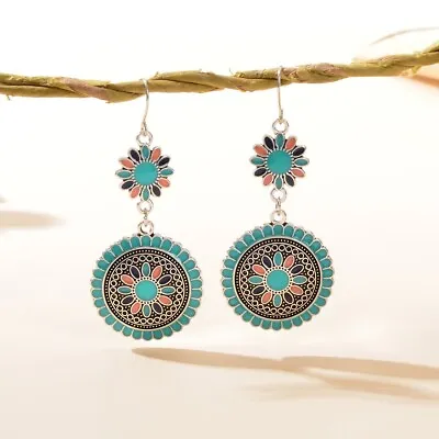 $1.99 • Buy Bohemian Jewellery Blue Orange Enamel Flower Dangle Earrings Ethnic Accessories