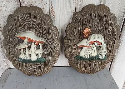 Vintage MCM Retro Mushroom Wall Hangings Decor Set Of 2 Faux Wood • $35