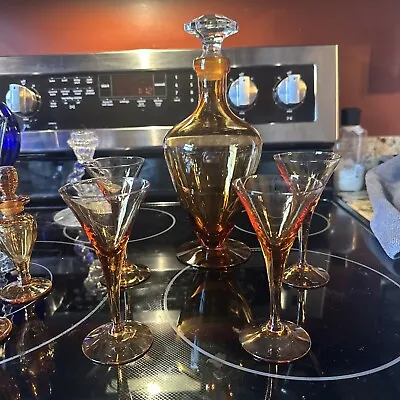 Cambridge Amber Glass Decanter With Clear Crystal Stopper. Four Glasses. • $50